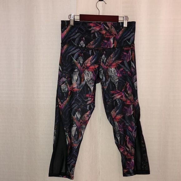 Champion S Black Multicolored Active Cropped Leggings Tropical Print Mesh - Picture 3 of 16